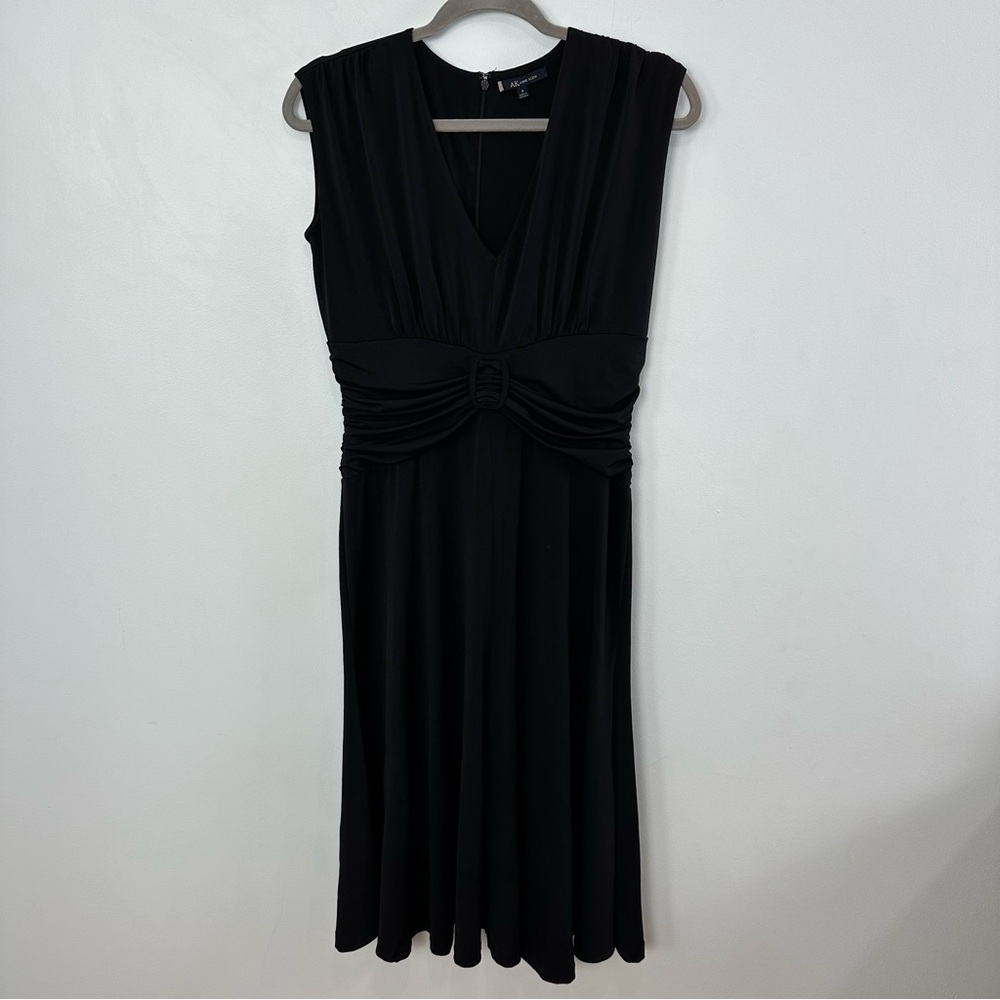 Anne Klein Black Ruched Fit & Flare Midi Dress Size Small Jersey Knit V-Neck